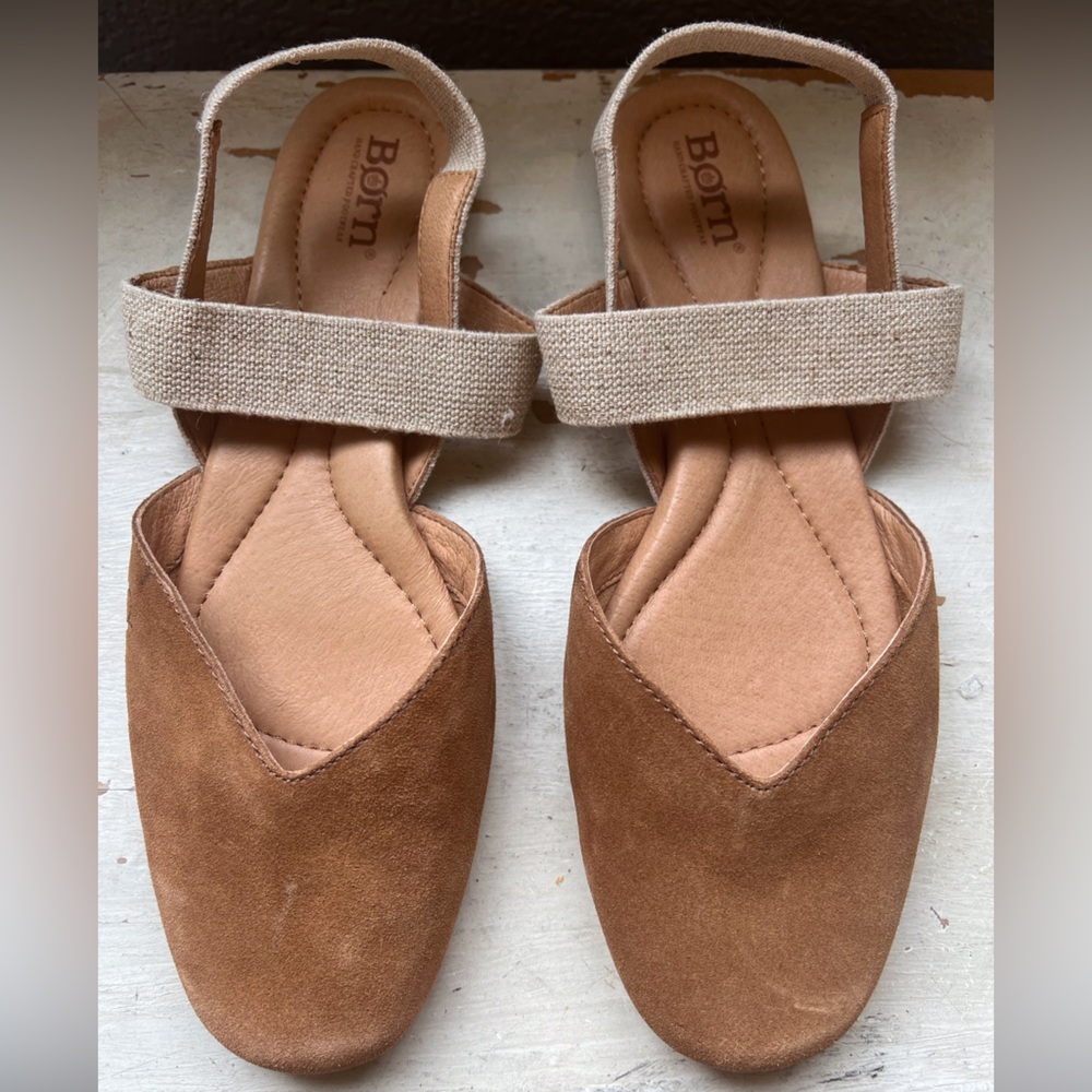 BORN® Coco Slingback Comfort Flat Cognac Brown Suede with Beige Straps Size 9M